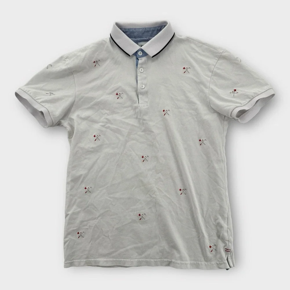 Zara Polo Shirt Mens Small White‎ Embroidered All Over Sports Print Slim Fit
